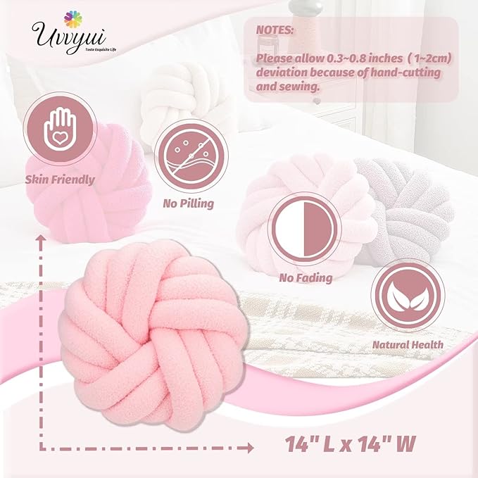 Uvvyui Knot Pillows, 14 Inch Decorative Throw Pillows Round Pillows Cushion, Soft Handmade Knotted Ball Pillow Plush Cushion Home Decor for Bed Couch Living Room (Pink, 14 Inch)