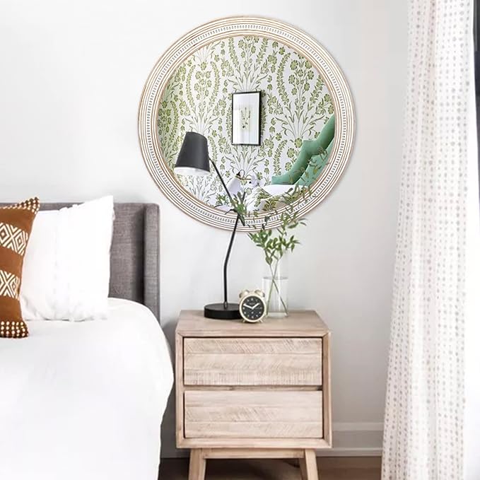 30 Inches Wooden Round Mirrors for Wall Decor, Rustic Farmhouse Decorative Circle Mirror for Bathroom Over Sink, Living Room, Foyer, Entryway