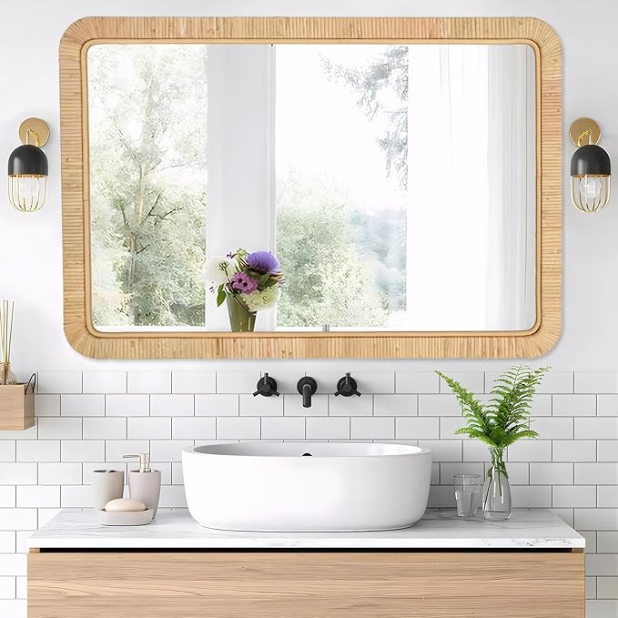FUIN 24"x36" Rattan Wall Mirror, Natural Wicker Rectangle Bathroom Vanity Mirror, Hanging Boho Decorative Mirror for Farmhouse, Entryway, Bedroom, Living Room, Horizontal Vertical Mount