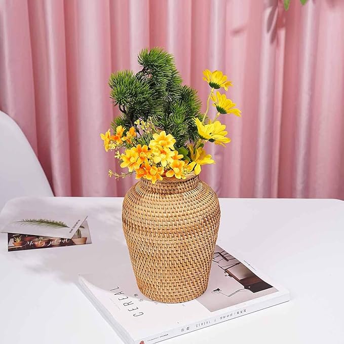 Rattan Vase Country Rustic Style Handmade Woven Plant Flower Vase Basket for Home Decor