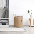 Mkono Tall Wicker Laundry Basket Woven Storage Basket Decorative Natural Rope Basket Wooden Bead Decoration for Blankets,Toys,Clothes,Shoes,Plant Organizer Bin with Handles Living Room 15"Wx17.7"L