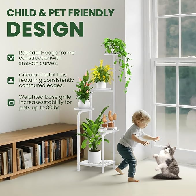 TOSKING 5 Tier Tall Plant Stand Indoor Outdoor,Anti-Tip Plant Stand indoor, Wide Base for Pots, Child and Pet Friendly,Heavy Duty Corner Shelf for Plants & Decor, Space Saving ,Tiered Metal Flower Pot Stand for Balcony, Garden, Living Room, Patio (Whit...