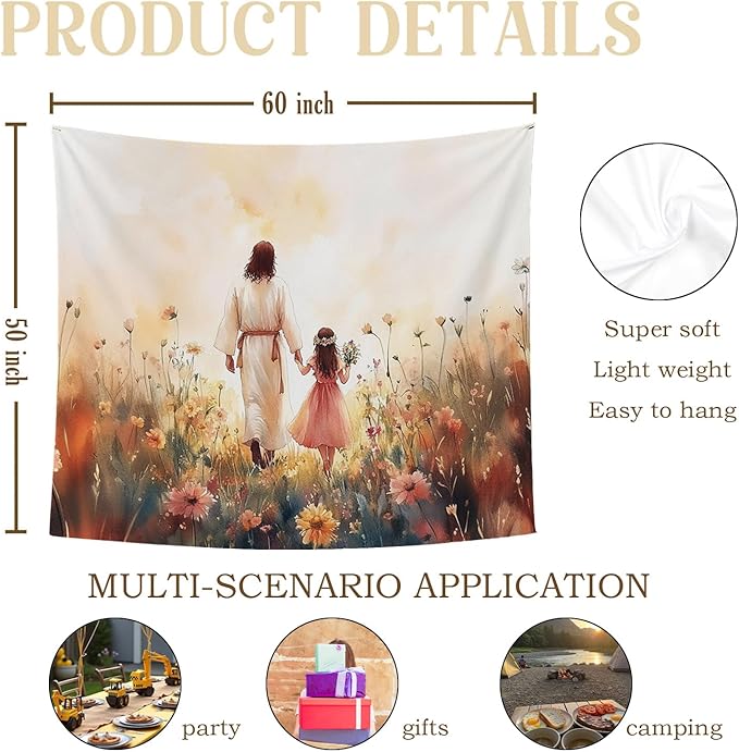 bitCNY Jesus and Girl Tapestry 60x50 Inches – Christian Tapestry for Kids Room, Gentle Faith Wall Hanging, Religious Art for Family Spaces