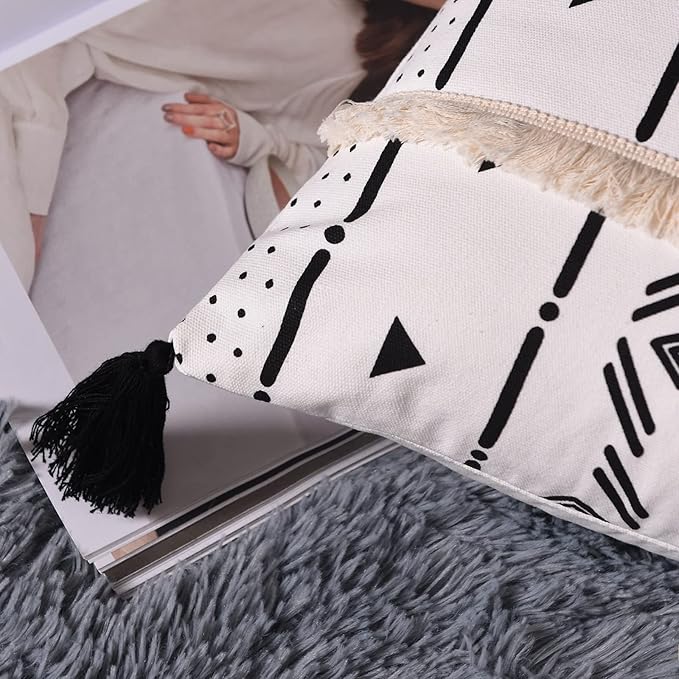 Tosewever Boho Geometric Throw Pillow Covers 18 x 18 Set of 4, Modern Stripe Farmhouse Decorative Faux Leather Cotton Pillowcase for Bedroom Living Room Couch Bed Sofa Home (Black/White, 18" x 18")