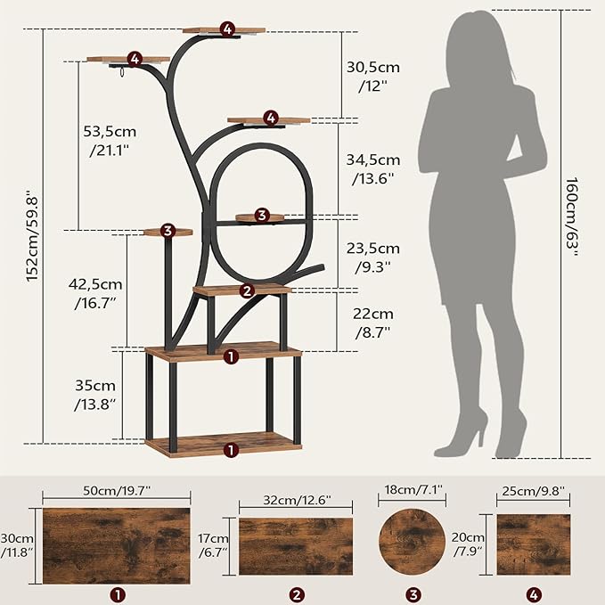 Plant Stand Indoor with Grow Lights - 60" Tall Plant Shelf, Indoor Plant Lighting Stands, 8 Tiered Flower Holder, S-Shaped Decorative Rack for Living Room, Rustic Brown and Black PSHR170E01
