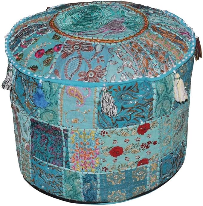 Aakriti Gallery Indian Pouf Footstool - Ethnic Embroidered Ottoman Cover, Round Cotton Pillow for Decor Art (Turquoise, 18x13)