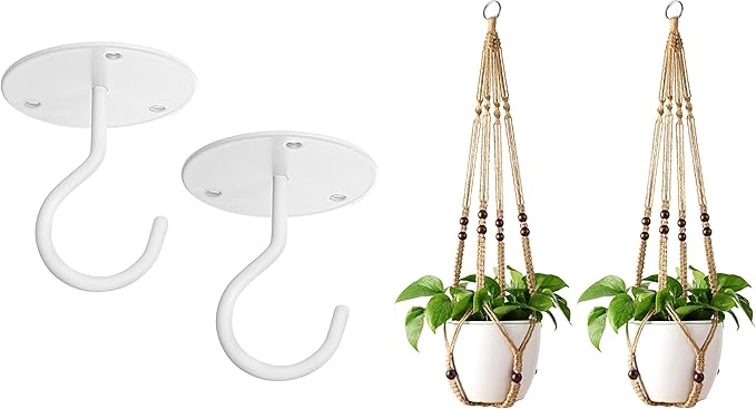 Mkono Macrame Plant Hangers Indoor Jute Hanging Planter Basket and Ceiling Hooks, Wood Beads Decorative Flower Pot Holder for Indoor Outdoor Boho Home Decor,Brown，Set of 2