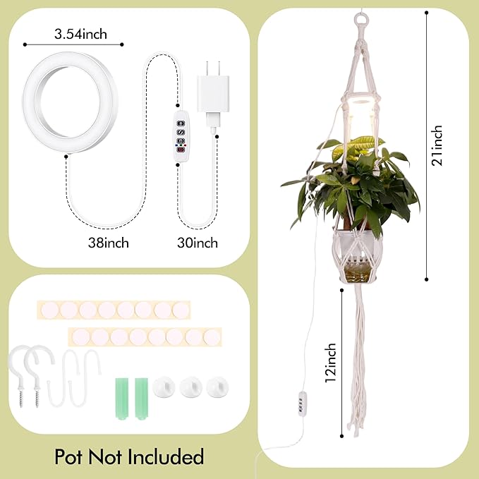 Hanging Plant Grow Lights for Indoor Plants with Timer, Wall Mounted Full Spectrum Pendant Growing Light with Macrame Plant Hanger, Ceiling LED Planta Luz for Potted Plants Home Decor