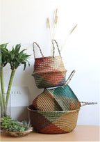 Natural Seagrass Basket - BESTCHANCEUS Seagrass Belly Basket with Handles Handmade Foldable Tote for Storage,Laundry, Picnic, Plant Pot Cover, and Beach Bag Colorful 29x26CM