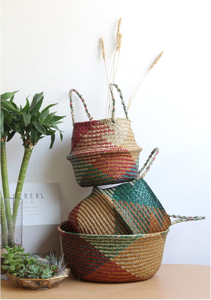Natural Seagrass Basket - BESTCHANCEUS Seagrass Belly Basket with Handles Handmade Foldable Tote Basket for Storage,Laundry, Picnic, Plant Pot Cover, and Beach Bag Colorful 32x28CM