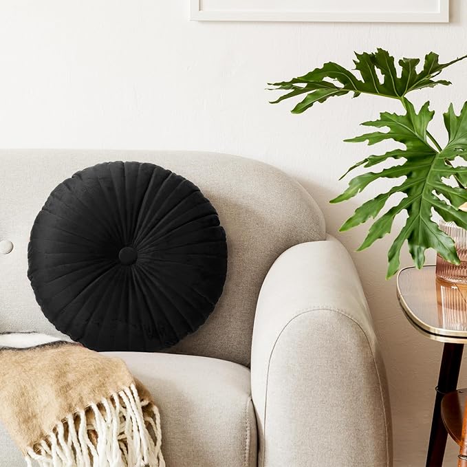 Namalu 2 Pcs Round Throw Pillow 13.8 Inch Decorative Round Velvet Floor Pillows Pumpkin Throw Pillows with Center Button for Thanksgiving Home Decor Living Room Sofa Couch Bed Chair (Black)