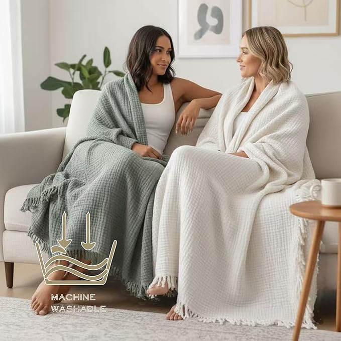KyraHome 100% Organic Cotton Muslin Throw Blanket, 90"x90" Queen Size, Plant Dyed, Warm, Breathable Gauze Muslin Cotton Blankets for Bed, Cocuh, Coverlet, All Season, Sage Green