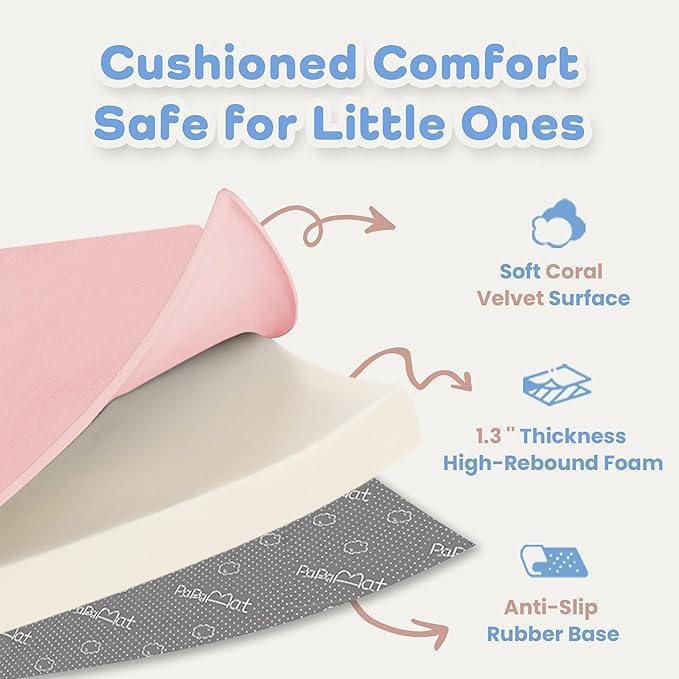 1.3" Thick Baby Floor Play Mat 59x71, Basic Padded Foam Mat for Tummy Time Crawling, Non Slip Cushioned for Babies Toddlers Infants Kids (Pink)