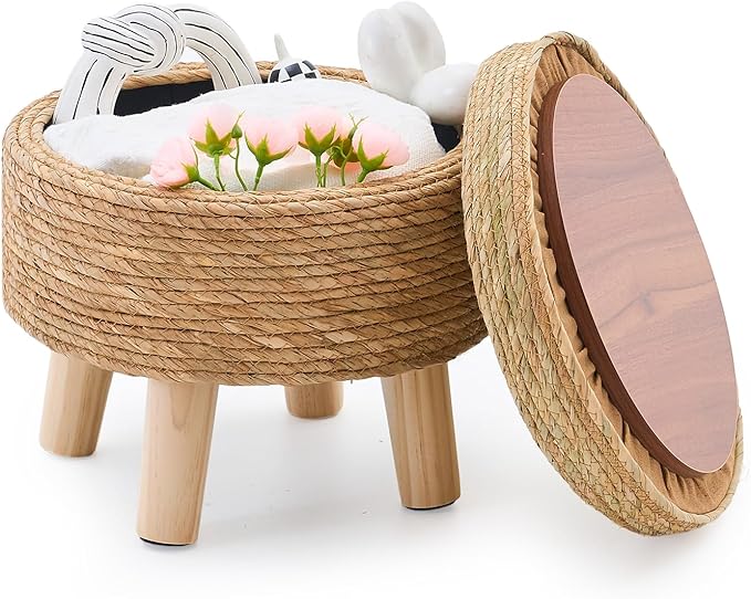 Cpintltr Storage Ottoman Poufs Handwoven Footstool Natural Seagrass Round Footrest Stool with 4 Wood Legs Soft Padded Outdoor Seat for Hallway Lounge Bedroom Garden