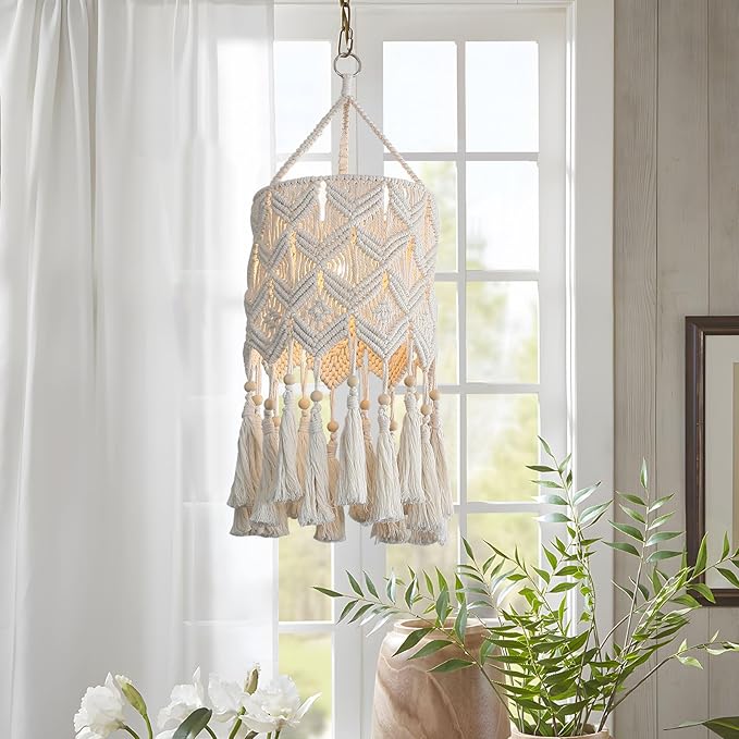 Bioaqua Boho Hanging Lamp Shade, Macrame Pendant Light, Handmade Boho Light Fixture with Plug-in Cord for Home Living Room, Bedroom, Kitchen