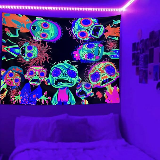 Horror Tapestry Blacklight Tapestry for Bedroom Zombie Crowd Around Tapestries UV Reactive Poster Glow in the Dark Walker Undead Ghoul Tapestries Wall Hanging Halloween Decor Scary Room Decor 29"x37"