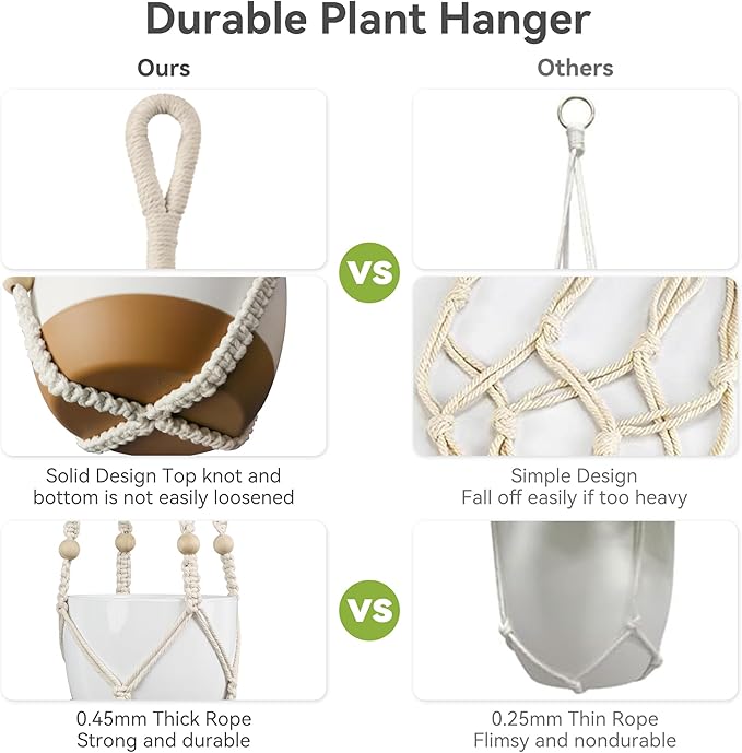 USLAI Macrame Plant Hanger Indoor Outdoor, Fits 4 to 15 Inch Pots, Strong Hanging Planter Holder, Boho Home Decor, 23+29+35 Inch, Ivory (POTS NOT Included)