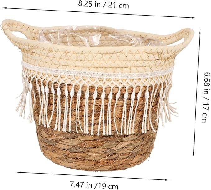 Toyvian Rustic Woven Planter Basket with Liner and Tassel Handcrafted Grass Rope Flower Pot Holder for Indoor Plants Boho Decorative Farmhouse Storage and Flower Arrangement Container