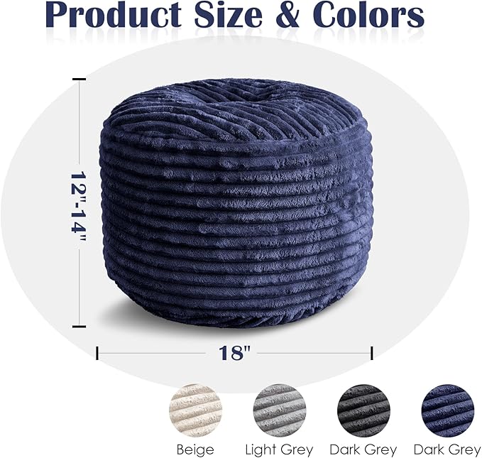 SHOUREN Stuffed Round Pouf Ottoman,Lightweight and Fluffy Poufs Storage Ottoman for Living Room,Corduroy Foot Rest with Shredded Foam Filling,Soft Floor Pouf for Couch,18"x 14", Navy