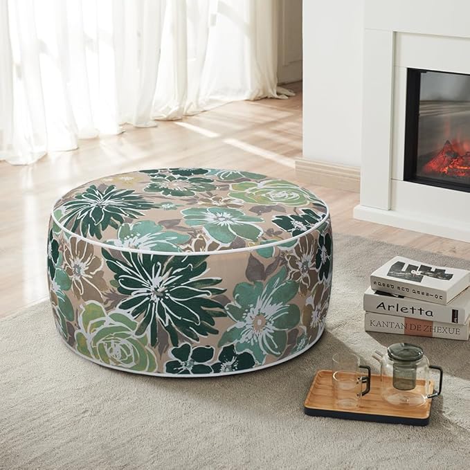 Magpie Fabrics Inflatable Stool Ottoman Pouf D20 xH9, Outdoor Round Footrest Footstool with Foot Pump, Portable for Patio Garden Travel Camping - Green Floral