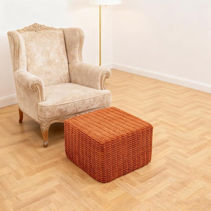 Asuprui Round Square Pouf Ottoman Foot Rest – Lightweight Modern Footstool with Plush Foam Filling, Perfect for Living Room Decor & Cozy Comfort – 20x20x14 Inch Chic Accent Piece (Burnt Orange)