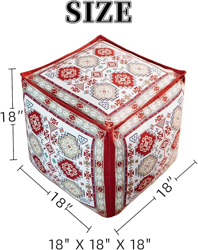 Unstuffed Pouf Cover Ottoman Footrest Bohemian Chenille Foot Stool Floor Bean Bag 18x18x18 Inches for Living Room Bedroom Home Decor (Red, Cube)