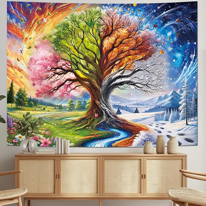 Dermijer Colorful Tree of Life Tapestry Four Seasons Trees Tapestrie Spring Flower Green Summer Autumn Leaves Winter Snowflake Magical Natural Landscape Wall Hanging for Home Decor L59.1×W51.2