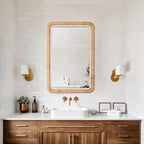 FUIN 30x20 Inch Rattan Wall Mirror with White Bead Trim, Handmade Boho Bathroom Vanity Mirror, Natural Rectangular Hanging Mirror for Bedroom, Living Room, Entryway, Vertical or Horizontal Mount