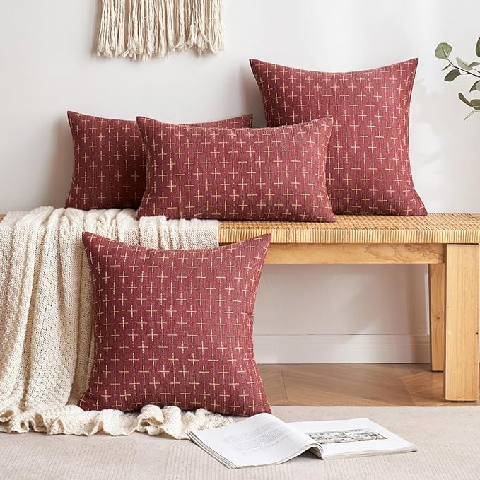 MIULEE Pack of 2 Christmas Decorative Burlap Linen Throw Pillow Covers Modern Farmhouse Pillowcase Rustic Woven Textured Cushion Cover for Sofa Couch Bed 24x24 Inch Wine Red
