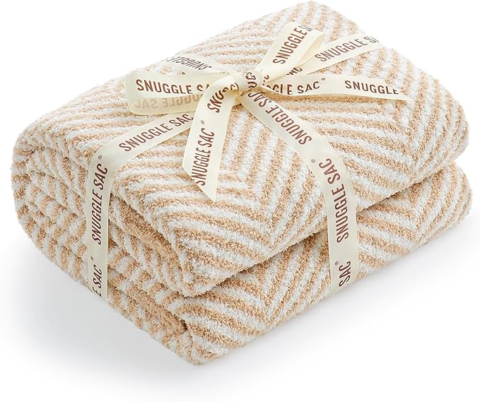 Snuggle Sac Herringbone Throw Blanket for Couch, Reversible Super Soft Warm Blankets Cozy Knit Fuzzy Plush Lightweight Throws for Sofa, Bed, Camping, Beige, 50x60 inches
