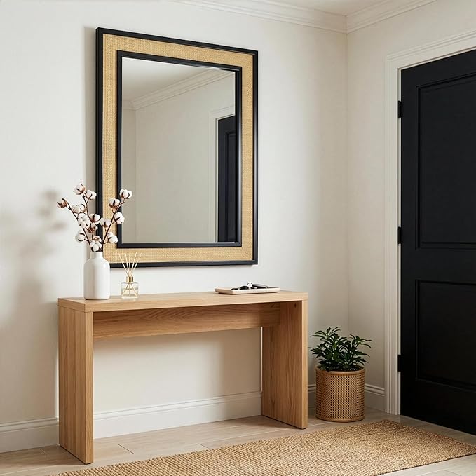 Rectangle Rattan Mirror, 20"x28" Rattan Wall Mirror, Farmhouse Wooden Vanity Mirror with Handmade Wicker Frame, Decorative Boho Mirror for Nursery Bedroom Living Room Entryway Black