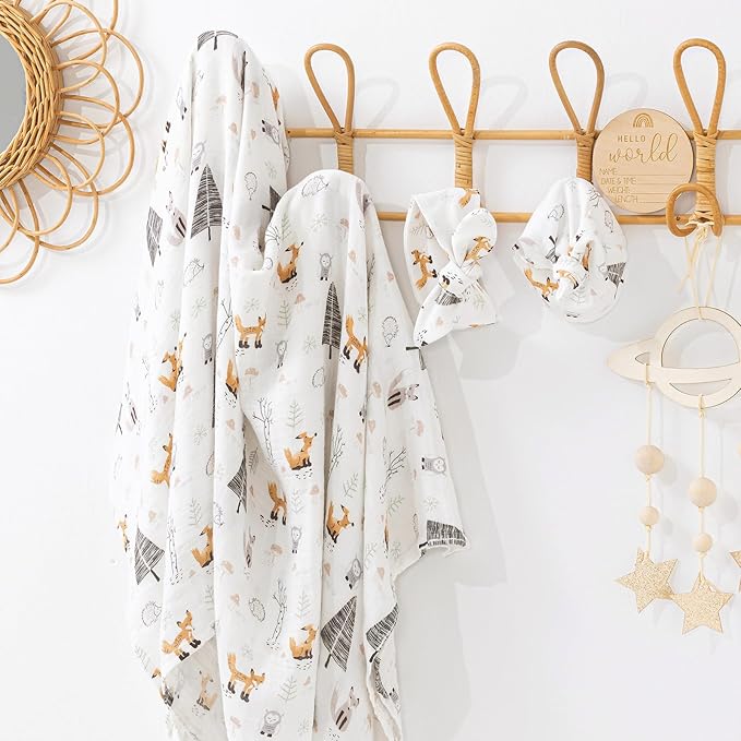 BabyWhale Muslin Swaddle Blanket with Hat and Headband Bow, Animals Print Swaddle Set for Baby Boys ＆ Girls, Newborn Soft Receiving Blanket Wrap, Owls, Foxes, Hedgehogs Pattern, 47x47 inches