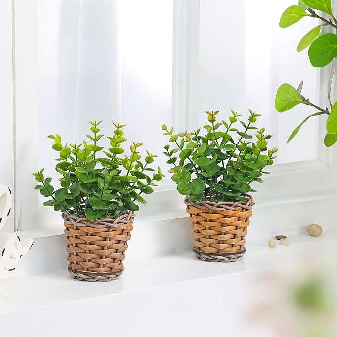 2 Pack Small Fake Plants Eucalyptus Potted Artificial Plant for Table,Bathroom,Farmhouse, Home Décor