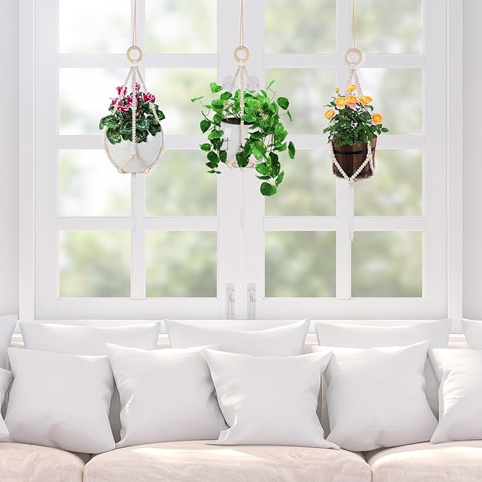 Hotfiary Wood Bead Garland Plant Hanger Flower Pot Holders with Wood Hook Handmade Boho Farmhouse Rustic Decor Indoor Outdoor Hanging Planter Basket Decorative (Pot Not Included)