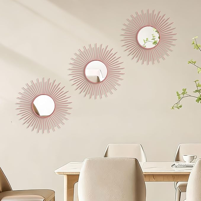 3 Pack Metal Mirrors for Wall Sunburst Wall Mirrors Home Décor Decorative Hanging Wall Art for Living Room Bedroom Entryway (Pink, Sunburst)