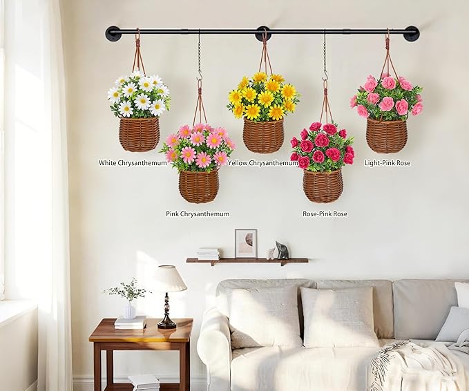 Artificial Daisy Flowers with Hanging Woven Basket, Faux Chrysanthemums in Fake Rattan Planter with Rope, Realistic Floral Arrangement for Home Porch Patio Balcony Indoor Outdoor Summer Decor, White