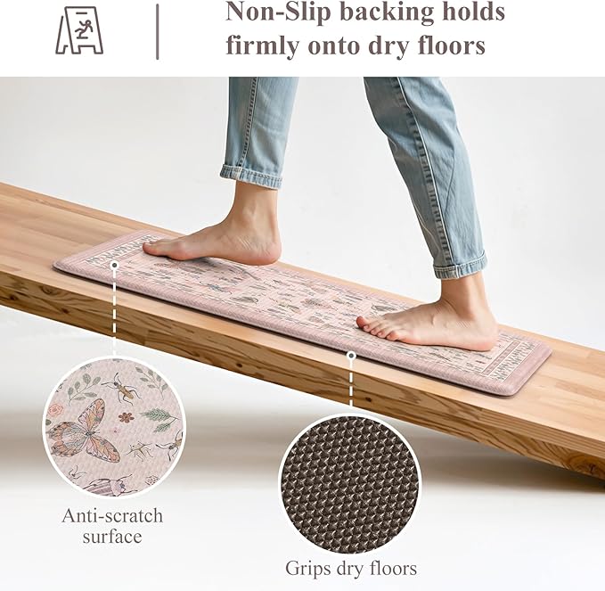 LEEVAN Anti Fatigue Mats for Kitchen Floor Non-Slip, Cushioned Kitchen Mats for Floor 2 Piece, Pink Memory Foam Kitchen Mat Set, Waterproof Ergonomic Standing Mat for Bar, Office,Desk, Laundry