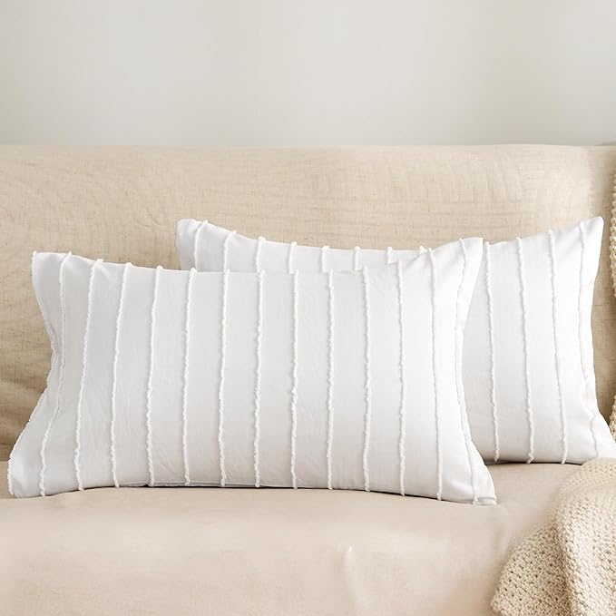 JELLYMONI 2 Pack White Pillowcases 12" x20", Soft Microfiber Striped Tufted Pillow Covers(Pillows are not Included)