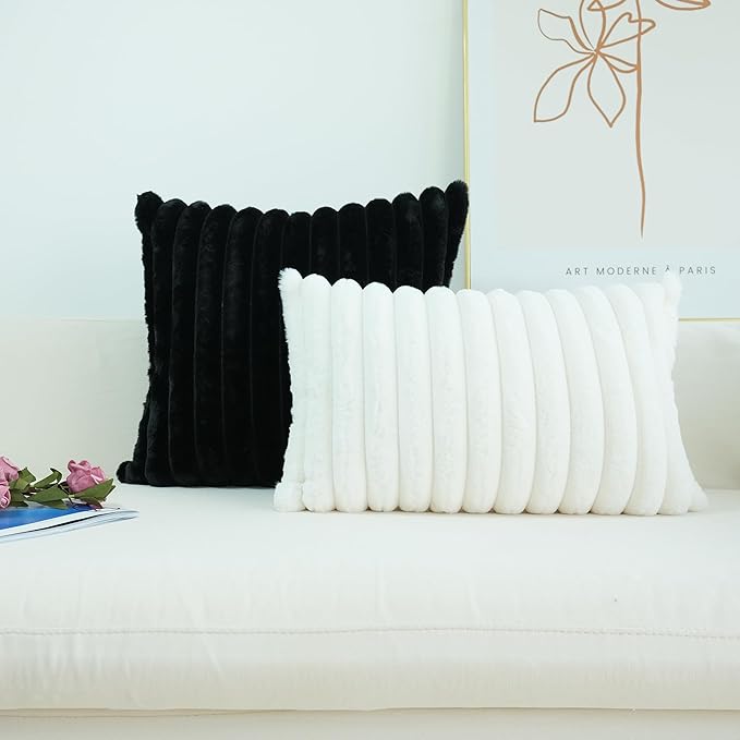 JOJUSIS Pack of 2 Faux Fur Plush Decorative Throw Pillow Covers Couch Cushion Case Soft Pillowcases (Black, 18 x 18-Inch)