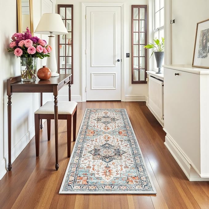 Lessymo Washable 2x6 Runner Rug for Hallway Entryway, Non Slip Kitchen Area Rugs Indoor Mat for Bedroom Bathroom Laundry Farmhouse, Soft Vintage Floor Carpet Stain Resistant Low Pile, Orange/Blue