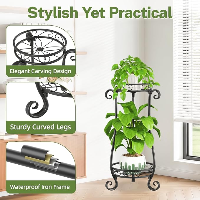 iDavosic.ly 2 Tier Metal Plant Stand Indoor Outdoor, Iron Corner Tall Flower Pot Holder Shelf, 27 Inch Vertical Heavy Duty Display Rack for Patio Porch Living Room Garden, Black