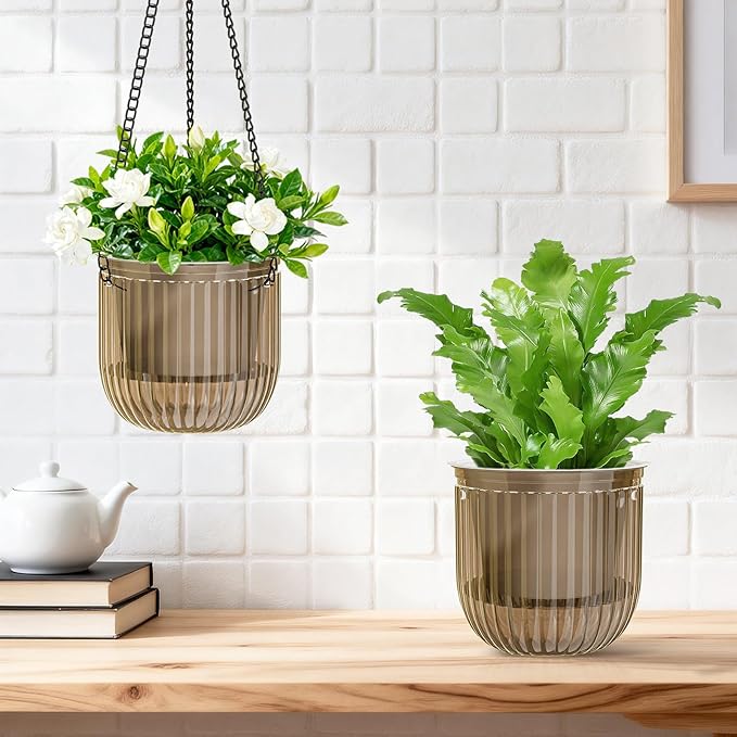 Halatool 2 Pack Self Watering Hanging Planters for Indoor Plants- 6.5 Inch Outdoor Hanging Flower Pots with 2 Metal Chains for Garden Home Wall Decor (Starry Gray)
