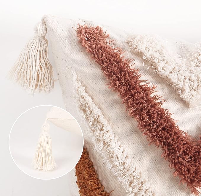 JASEN Boho Throw Pillow Cover with Tassels, Woven Tufted Decorative Pillow Cover, Orange Pillow Covers 18x18 for Couch Sofa Bedroom Living Room（No Pillow Insert, 1Pcs）