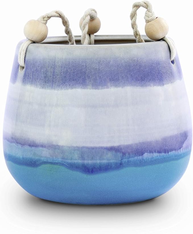 23 Bees Ceramic Hanging Planter | Blue Succulent Pot | Round Plant Holder Container | Cactus Pot with Cotton Rope Hanger | Indoor Outdoor Decor | 6" Diameter x 5" Height | 1 Pack x Blue Horizon