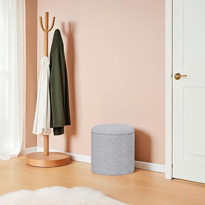 B FSOBEIIALEO Ottoman with Stroage, Boucle Round Storage Ottoman with Tray,Foot Rest Stool for Dorm Room, Living Room Grey, 12.99"x12.99"x13.78"