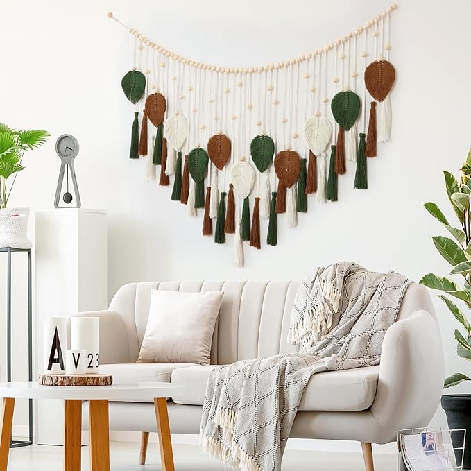 Betylifoy Large Macrame Wall Hanging Boho Woven Leaf Tapestry Fall Decor Khaki Green Leaf Feather Wall Decor Handmade Cotton Wall Art Home Decor for Bedroom Living Room Nursery Apartment, 51.2"W X 31.5"L