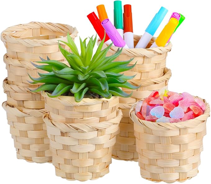Zerodeko Mini Woven Bamboo Storage Basket 3.54X3.54X2.95 Inch Portable Set of 10 Natural Rustic Organizer for Home Office Tabletop Fruit Display and Artificial Flower Holder