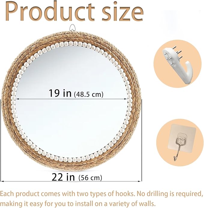 22 Inch Boho Style Decorative Mirror, Round Rattan Wall Hanging Mirror, Nature Rattan Woven Round Mirror, Makeup, Dressing Mirror, Suitable for Dressing Room, Living Room, Bedroom, Farmhouse