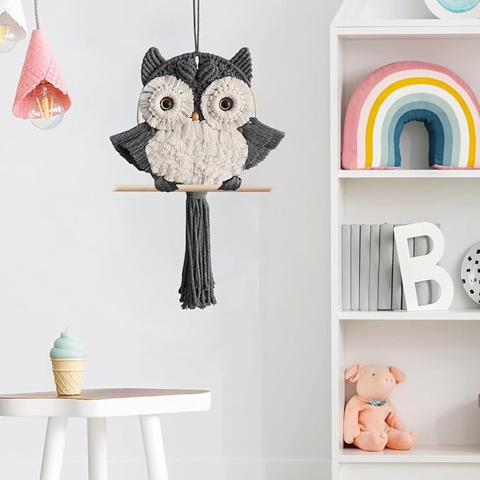Macrame Owl Wall Hanging - Handmade Boho Hanging Tapestry Art Home Decor, Nature-Inspired Gift for Owl Lovers, Sustainable Fiber Wall Art Minimalist Bird-Themed Decor - Grey