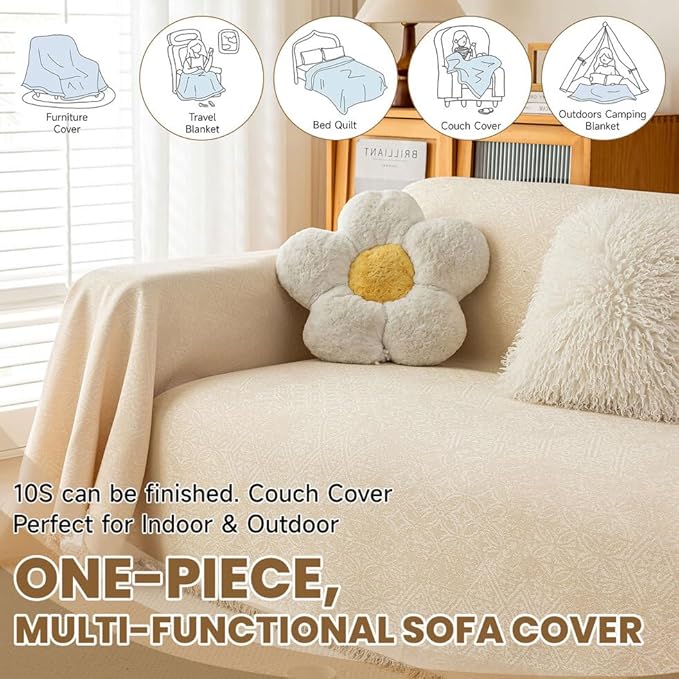 ROOMLIFE Boho Beige Couch Cover for Dogs, Washable Non Slip Furniture Protector Couch Sofa Covers for 3 Cushion Couch, Soft Breathable Sofa Slipcovers Couch Cover Throw Blanket with Tassels71''X134''